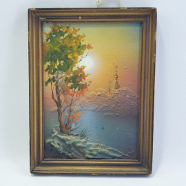 Картина в деревянной рамке, аэрография, оргалит, масло, город Орёл, 1995г, размеры 19х14см